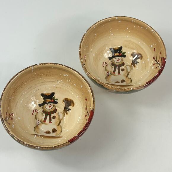 Tabletops Lifestyles Holly Jolly Snowman Cereal Soup Bowls x2 6" Christmas - Picture 1 of 10